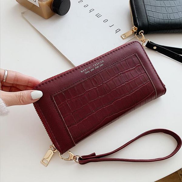 

factory wholesale women handbag multifunctional embossed leather purse joker stone long wallets fashion leathers clutch wallet, Red;black