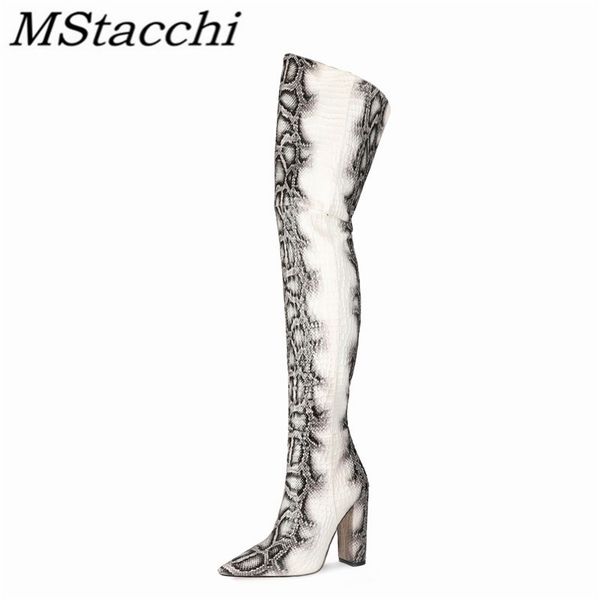 

mstacchi women snakeskin print fretwork thigh high boots ladies chunky heels zipper knee boots trendy motorcycle zip, Black