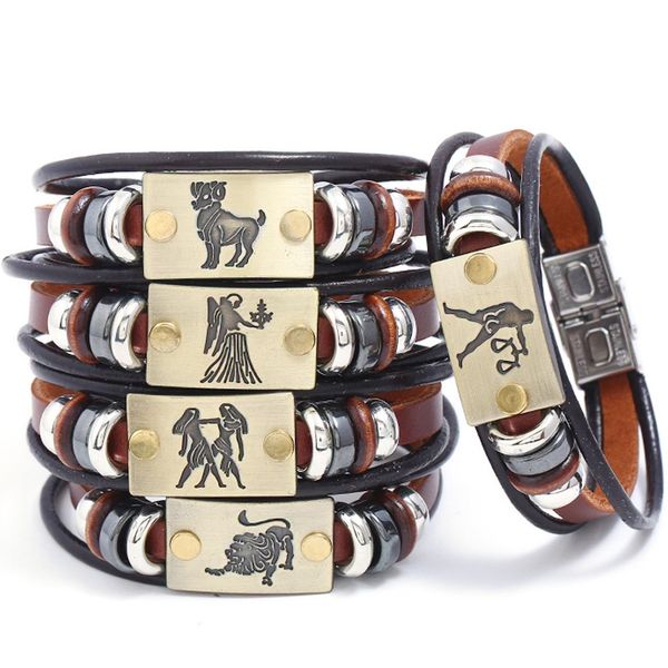 

12 constellation leather bracelet stainless steel buckle vintage retro punk hip hop charm bracelets for men gift, Golden;silver