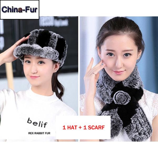 

russia knitted women genuine real rex fur hat with rex fur scarf 2 pieces real cap and scarf, Blue;gray