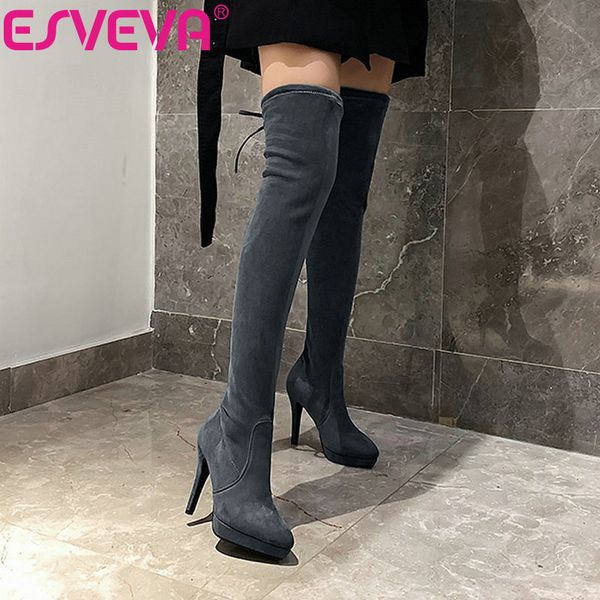 

boots esveva 2021 thin high heel women over the knee solid all match lace up classic elastic motorcycle size 34-43, Black