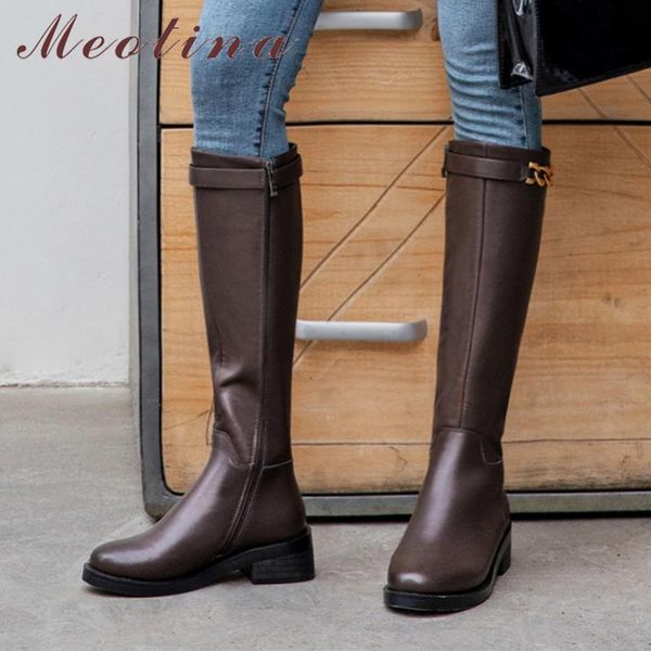 

meotina chain real leather mid heel knee high boots riding boots women shoes zip block heel long lady autumn winter brown, Black