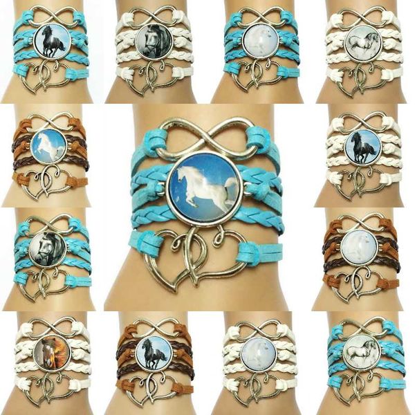 

drop shipping handmade infinity/double heart charm horses sideways leather wrap bracelet wristbracelets, Golden;silver
