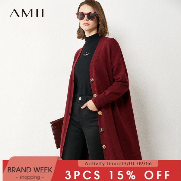 

amii minimalism autumn winter women cardigan fashion solid vneck loose knitted women's overcoat female coat 12040478, White