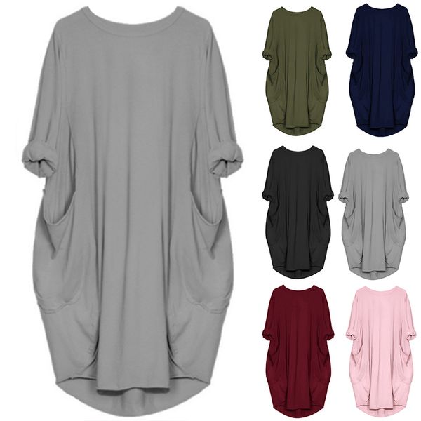 

women tunic casual dresses loose 1/2 sleeve plain solid oversized baggy party shirt mini short dresses plus size with pocket, Black;gray