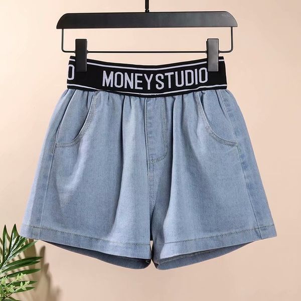 

summer new style lettered denim shorts women's korean-style online celebrity students wide-leg elastic crimping waist slimming h, Blue