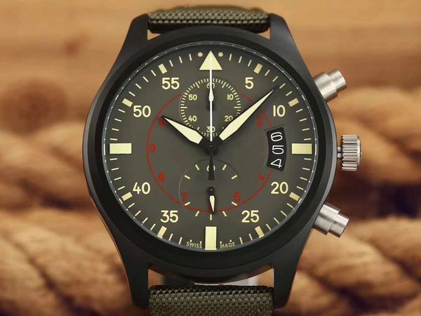 

brand luxury mens watches master pilot series 388002 389002 quartz chronograph green leather strap fashion sports milita, Slivery;brown