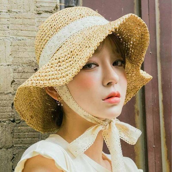 

wide brim hats summer boater for women straw sun hat lady girls lace ribbon bow panma beach floppy female travel folding chapeu, Blue;gray