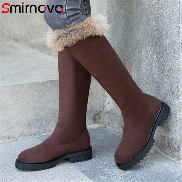 

smirnova 2020 new arrive knee high boots women flock round toe zip low heel casual shoes comfortable winter snow boots ladies, Black