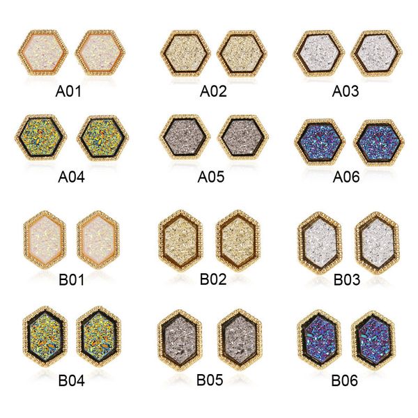 

selling 18k gold filled druzy stud earrings trendy womens wholesaling 12mm hexagon resin drusy earring jewelry, Golden;silver