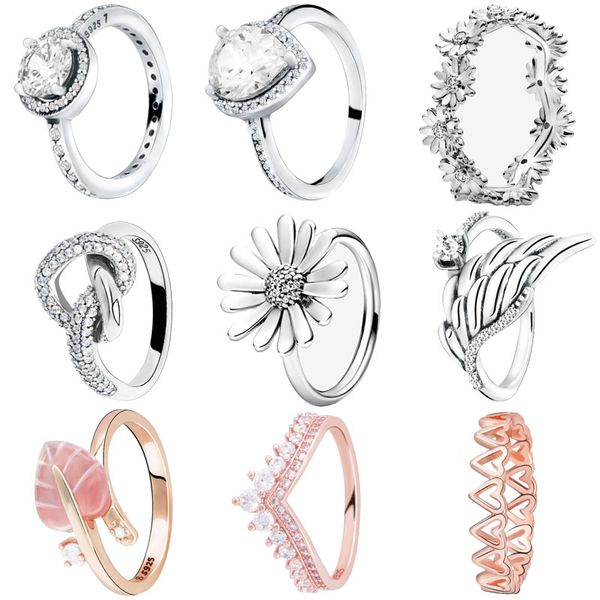 

cluster rings genuine 925 sterling silver ring sparkling daisy flower crown original women jewelry gift, Golden;silver