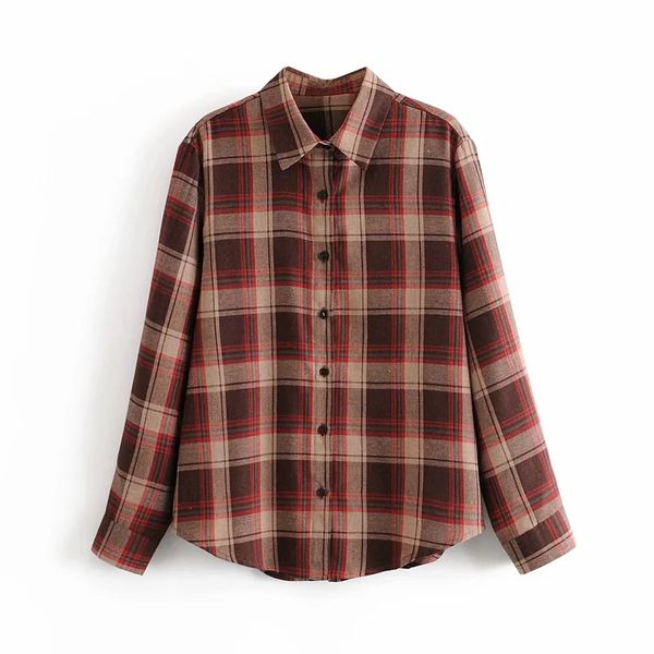 

2020 women blouses fall new women's fashion vintage lapel matching color checkered single-row button-down long-sleeved shirt, White