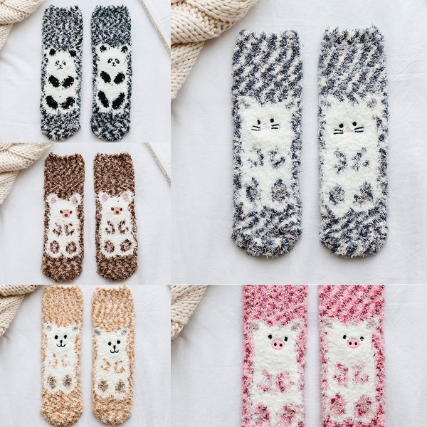 

autumn and stockings stockingshome stockings winter new cartoon animal hair-coral fleece mid-calf socks children korean warm floor home, Black