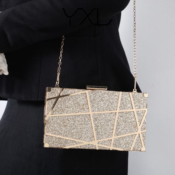 

new metal hollow-out evening bag dazzling pink sequined dress clutch bag