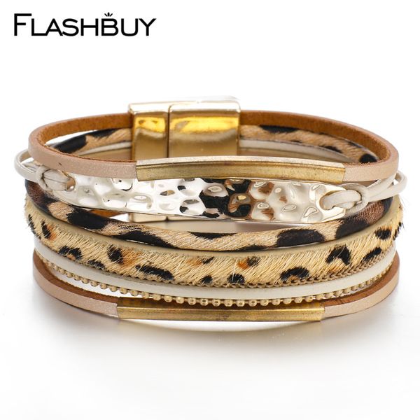 

flashbuy leopard wool metal charms mulitilayer leather bracelets for women simple trendy wrap bracelets fashion female bangles, Golden;silver
