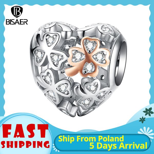 

other bisaer romantic 925 sterling silver clover flower engrave beads in heart shape charms fit bracelets jewelry ecc1248