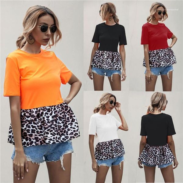 

ol style panelled leopard summer womens tshirts short sleeve o neck loose casual womens designer summer tees, White