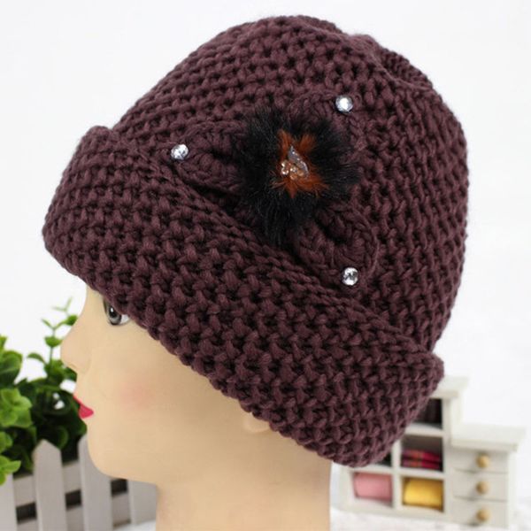 

fashion autumn and winter female hats middle-aged cotton warm hat for women mom grandmother flower thick solid knitted cap, Blue;gray