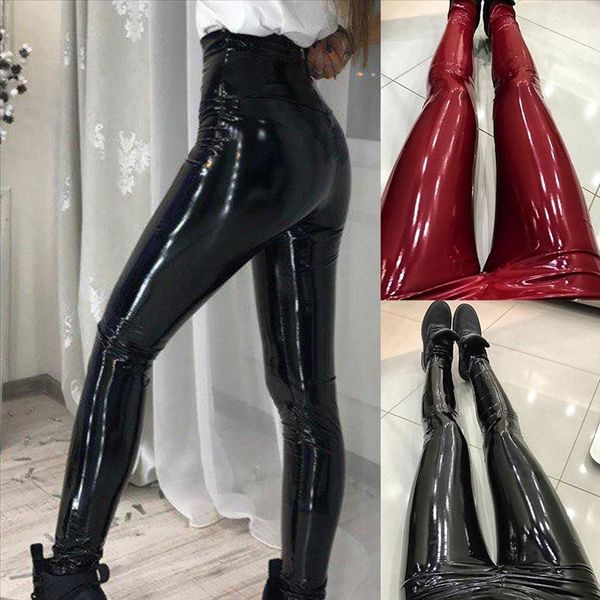 

chic women faux leather solid color high waist pants trousers slim leggings trendy women thick velvet leggings pencil pants, Black