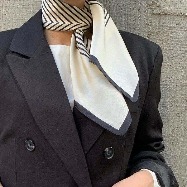 

100% pure silk shiny scarf small bandana women vintage pinstripe print kerchief square scarfs for ladies girls 53x53cm, Blue;gray