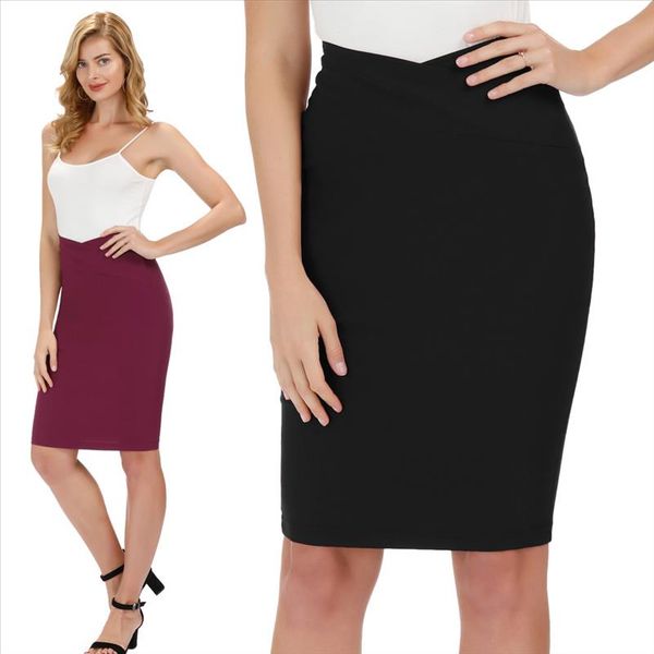 

elegant women skirts pure color slim fit office high stretch skirts hips wrapped knee length office bodycon pencil work skirt, Black