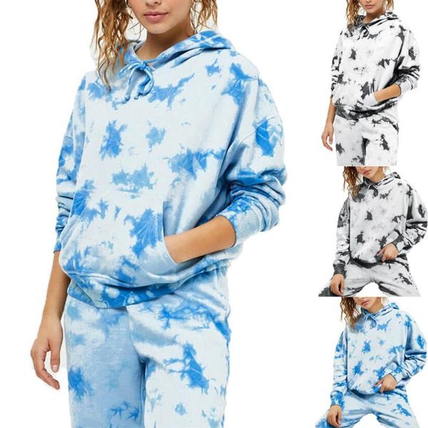 

running sets fashion woman two piece outfit set printed tie-dye casual home tracksuit service loose comfortable suit jogging femme oversize, Black;blue