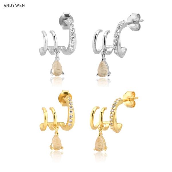

hoop & huggie andywen 100% 925 sterling silver modern gemstone ovals hoops circle triple loops women round crystal jewelry for rock punk, Golden;silver