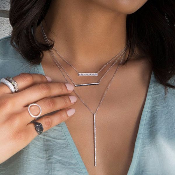

2020 unique shiny black white thin round cz stone paved long pendant necklace delicate link chain necklace women fashion jewelry, Silver
