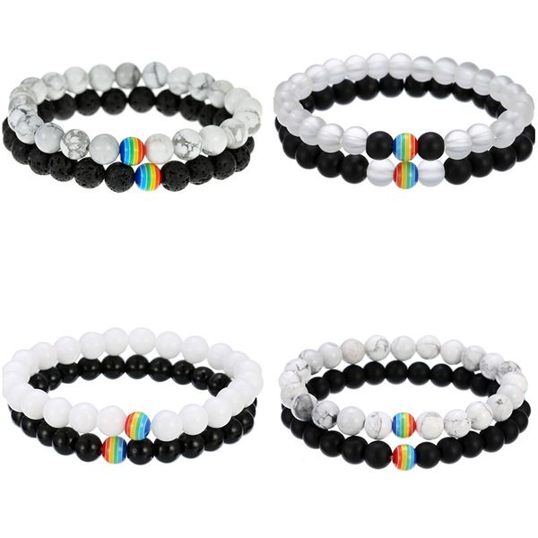 

charm bracelets rainbow bracelet sets for women and men 8mm natural black white stone pride strand couple handmade jewelry, Golden;silver