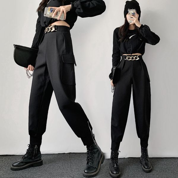

handsome cargo pants women harajuke high waist loose straight harem cropped pants 2020 new side zipper long trousers with chain, Black;white