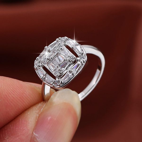

wedding rings square silver plated with zircon women fashion glamour banquet engagement birthday gift for girlfriend, Slivery;golden