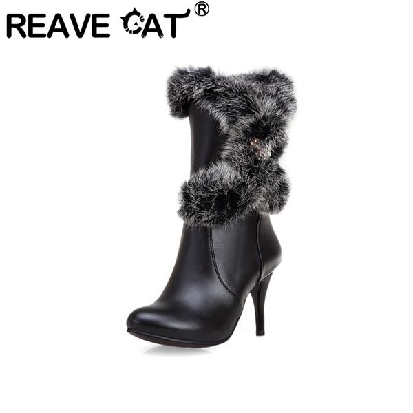 

boots reave cat woman winter fur mid-claf round toe thin heels zipper beads pearl big size 34-50 white casual party, Black