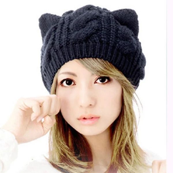 

mingjiebihuo new fashion autumn and winter wool hat women twist wool cap cat ears hat cute warm knitted, Blue;gray