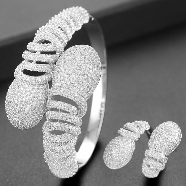 

godki 2020 горячие подвески 2pcs африка браслет / ring set для женщин геометрия дубай комплект ювелирных кубический циркон нигерия свадебные, Silver
