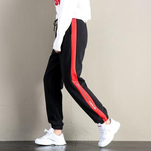 

women fleece warm winter sweatpants plush pants elastic waist side stripe loose sports running baggy joggers workout trousers, Black;white