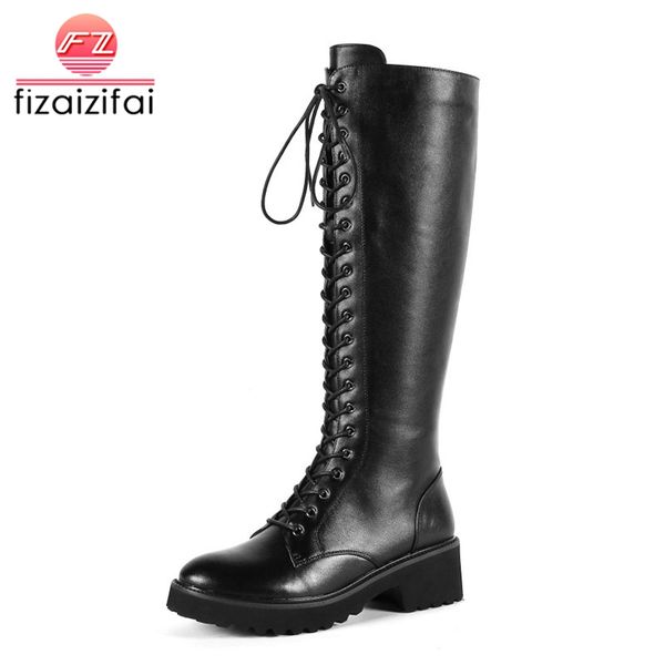 

coolcept women real leather high heel boots winter gladiator warm fur platform shoes woman lace up knee high boots size 34-43, Black