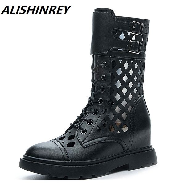 

boots alishinrey 2021 tide shoes leather inner height increase women's wild breathable thin section ins wind, Black