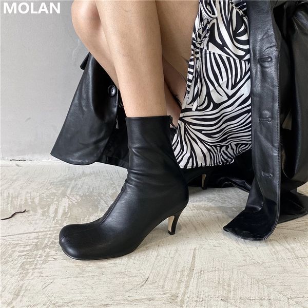 

molan brand designer 2020 winter fashion women's ankle boots square toe high heels good leather female shoes chunky booties, Black