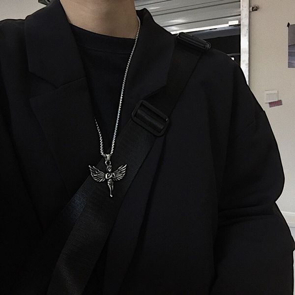

kpop retro harajuku hip hop angel pendant stainless steel men e-girl necklace disco couple gothic colar necklace jewelry, Silver