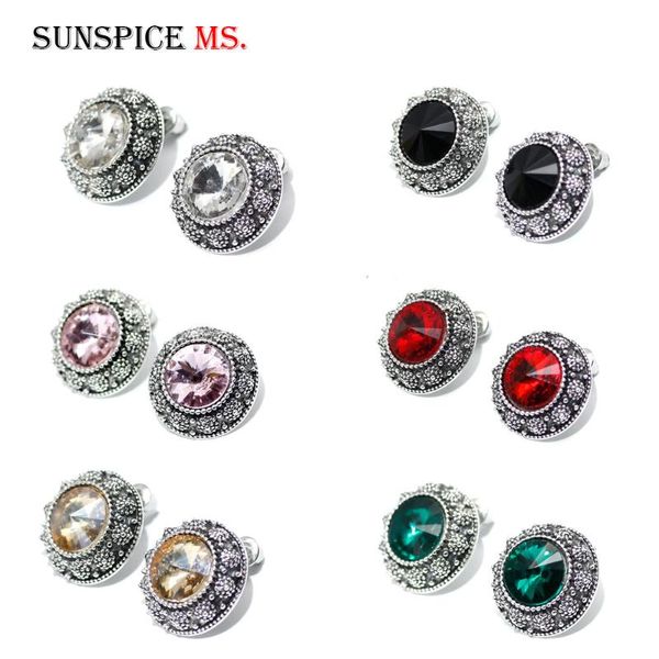 

stud sunspicems crystal round earring for women retor silver color vintage bohemia ethnic wedding jewelry bridal gift, Golden;silver