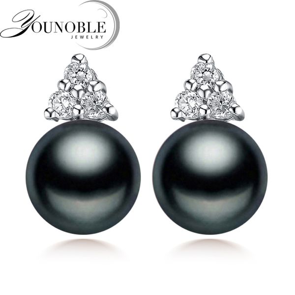 

genuine black pearl earrings studs for women trendy freshwater 925 silver earring jewelry bridal gift, Golden;silver
