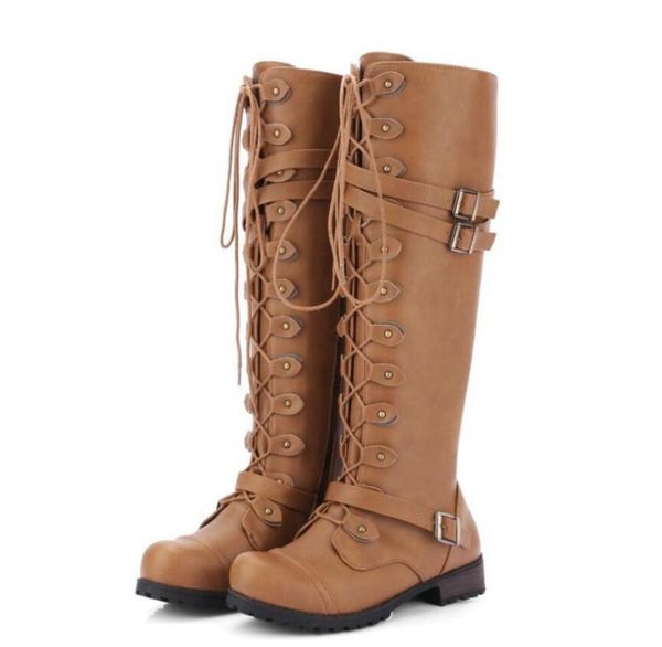 

winter and autunm solid color buckle strap lace-up women boots vintage over the knee boots, Black