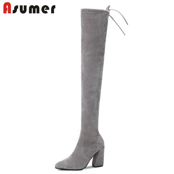 

asumer size 33-43 2020 fashion kid suede leather over knee boots women zip thick high heels pointed toe thigh high boots, Black