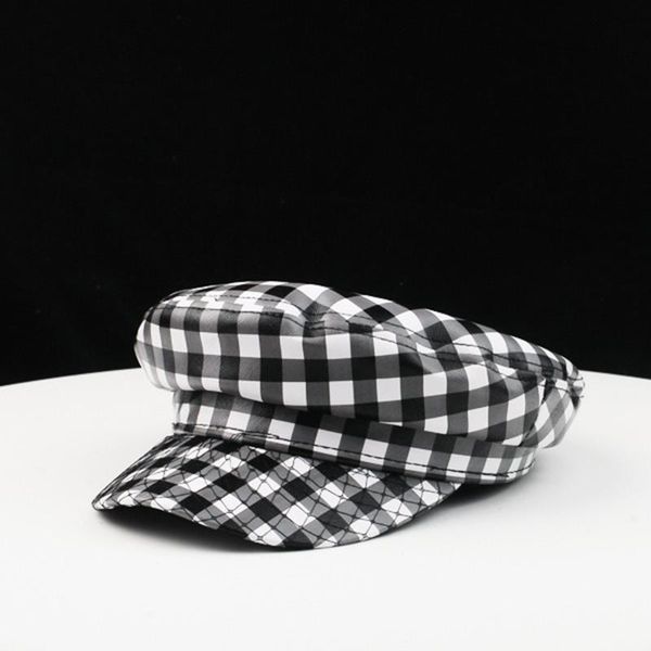 

tide hat female european and american plaid navy hat flat beret leather newsboy octagonal cap, Blue;gray