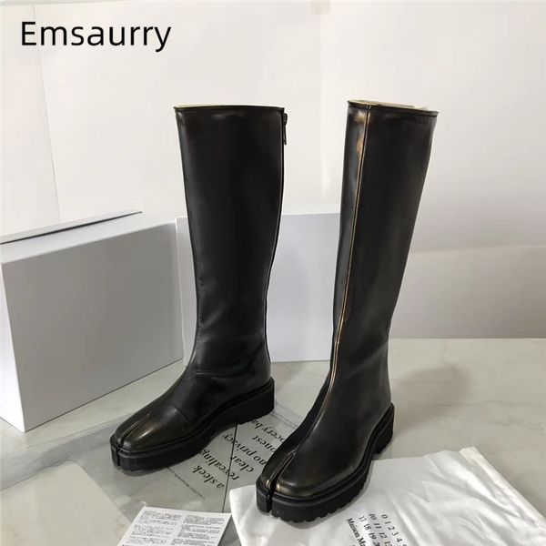 

мода split toe осень зима boots женщин вернуться zip натуральная кожа колено высокие сапоги runway botas mujer, Black