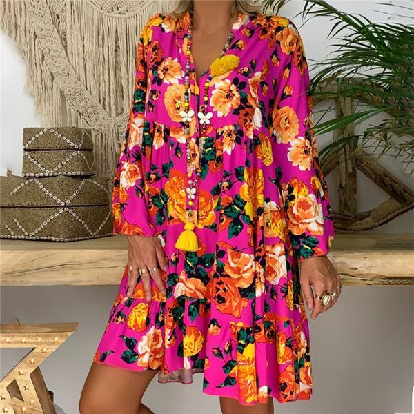 

apparel plus size womens summer designer floral dresses v neck printed casual long sleeve dresses breathable shirts dresses female, Black;gray