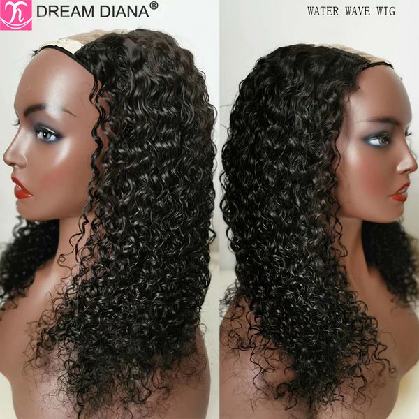 

dreamdiana malaysian hair water wave u part lace wig 100% remy human hair u part wig for black women 10-32" long, Black;brown
