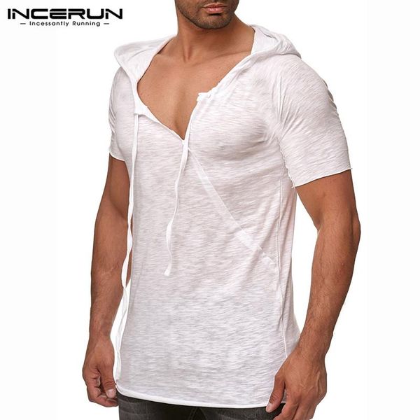 

wholesale Fashion Men T Shirt Sexy Hooded Short Sleeve Casual Asymmetric Neck Tee Shirt Men Tops Thin T-shirt Hombre Summer S-5XL