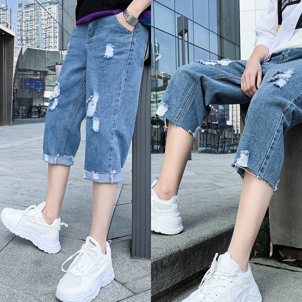 

летние молодежные джинсы корейский стиль модной мужской slim fit случайные шорты рваные модный бренд обрезается девять девять брюки шорты щи, Blue