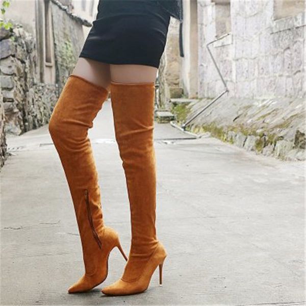 

fashion suede leather thigh high boots women high heels over the knee boots for women elastic tall fetish party long shoes, Black